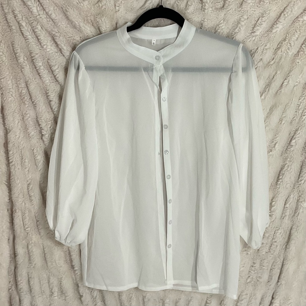 Women’s Sheer White Long Sleeve Button-Down Top